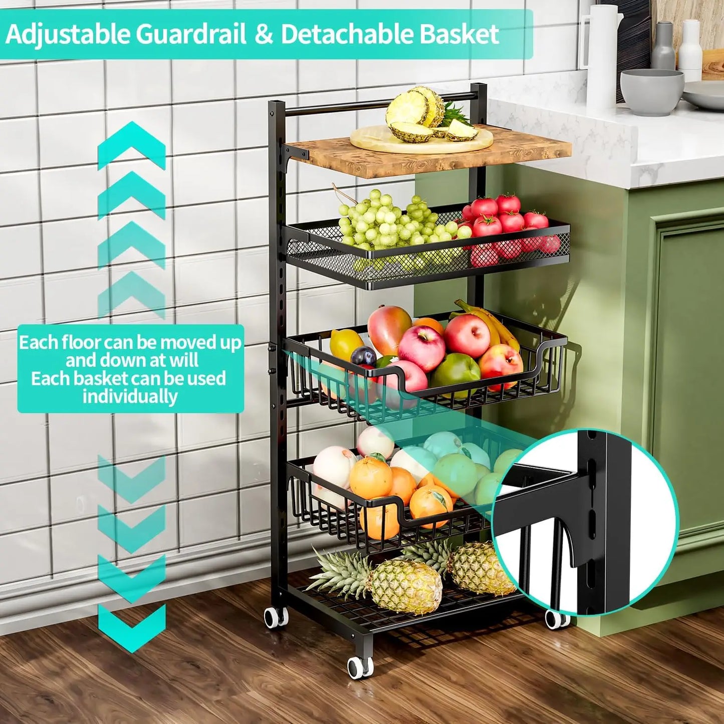 Fruit Basket Kitchen Cart 5 Tier Adjustable Vegetable Storage Rack