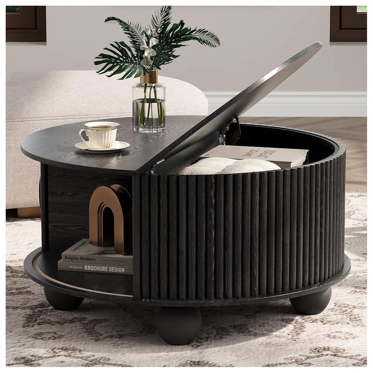 Round Coffee Table With Hidden Storage Walnut Wood Drum Table