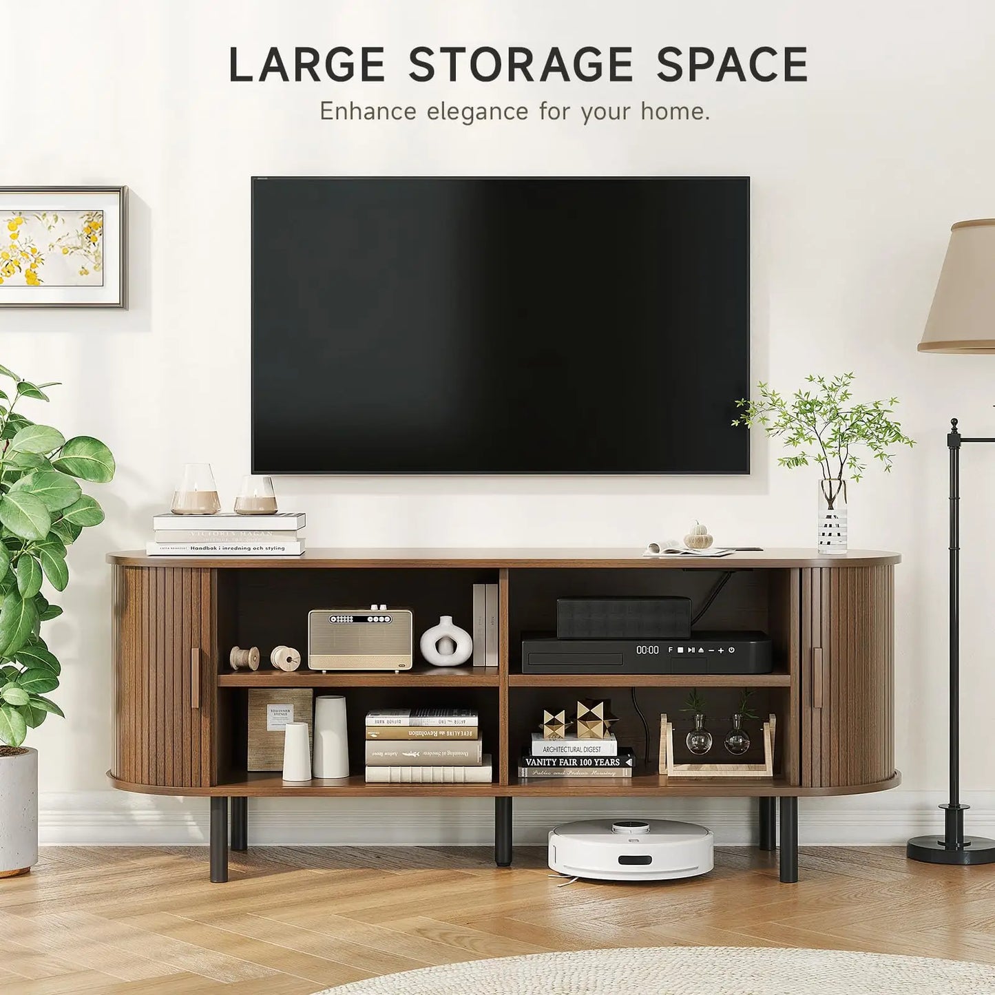 ONBRILL TV Stand With Power Outlet And Sliding Doors Storage