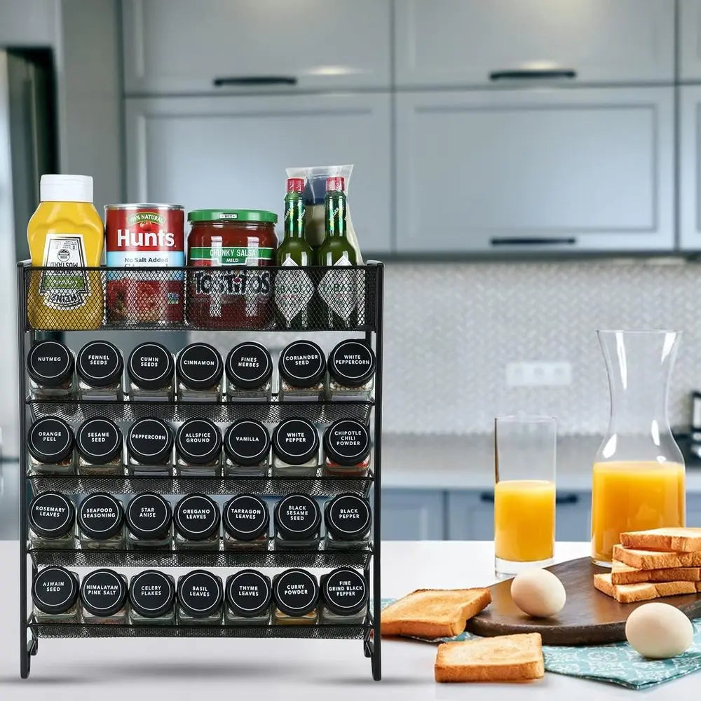 Spice Rack Organizer with 28 Spice Jars, Black Lids, Spice Labels, Chalk Pen, and Tunnel Set for Cabinet, Countertop, Pantry, Cu