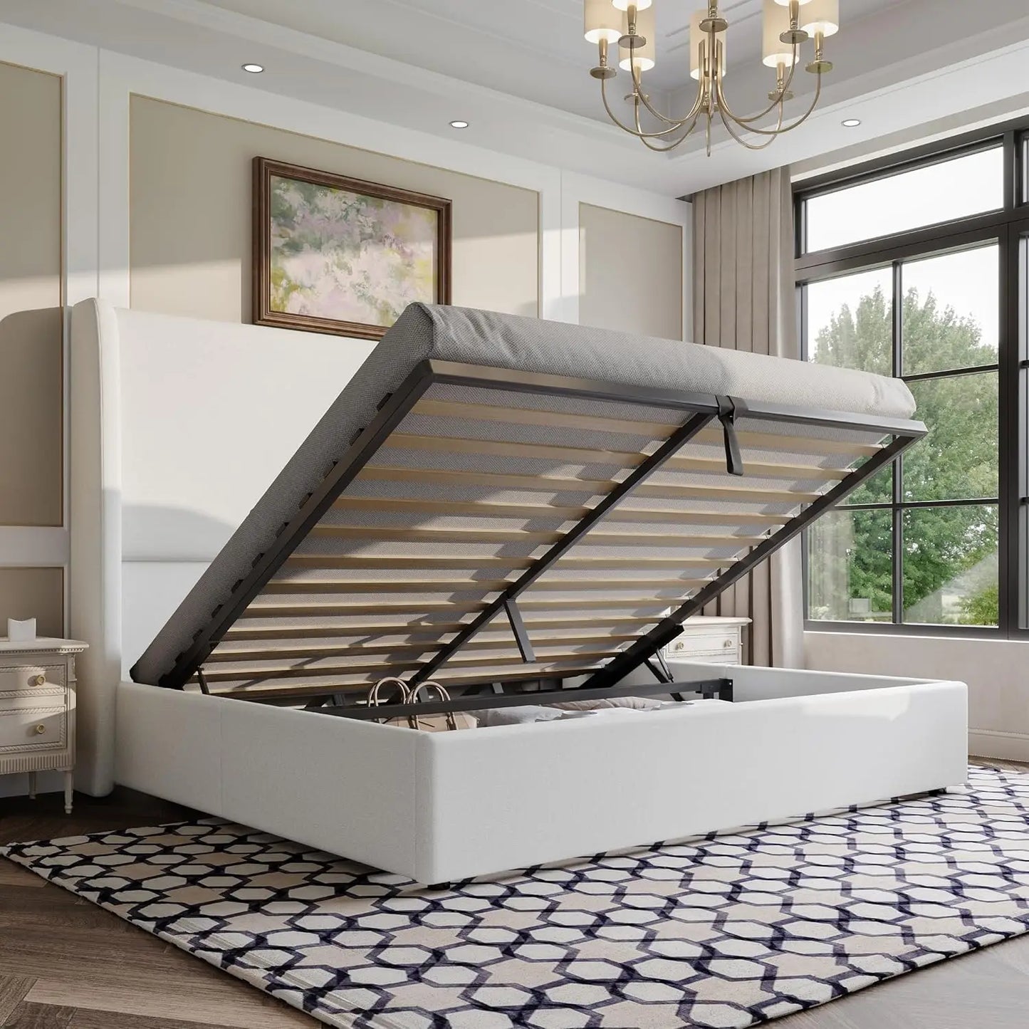 Lift Storage Upholstered Bed Platform Frame With Hydraulic Headboard