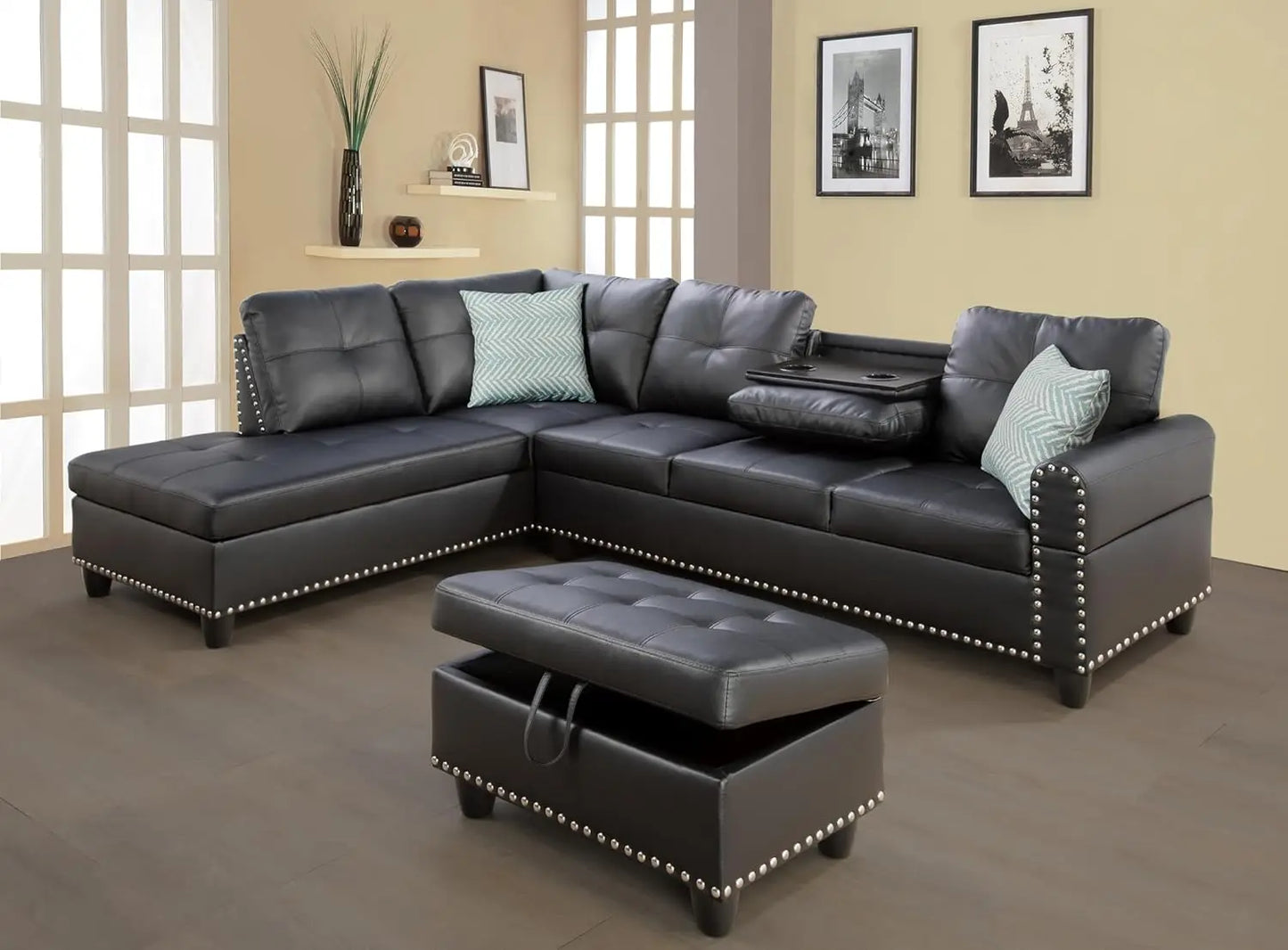 L-Shape Sectional Sofa Chaise With Ottoman And Cup Holder