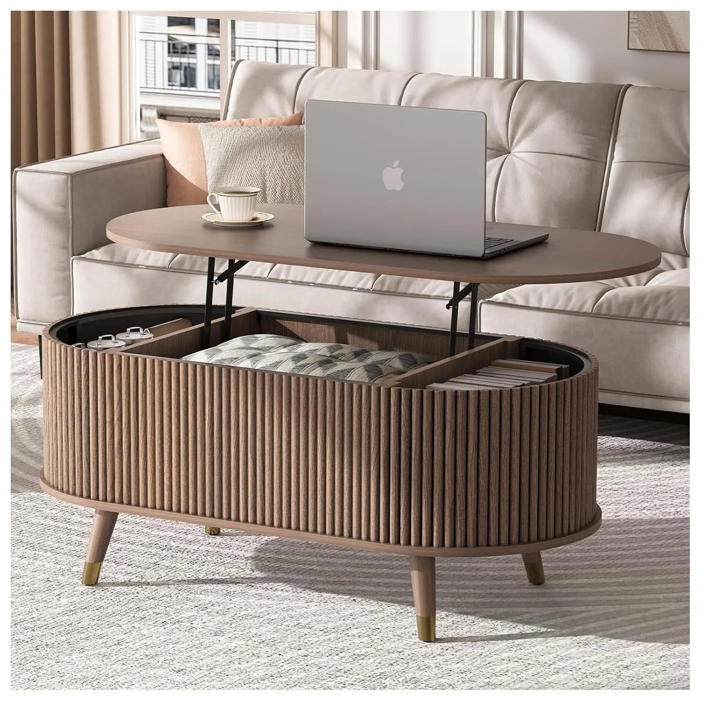 Round Coffee Table With Hidden Storage Walnut Wood Drum Table
