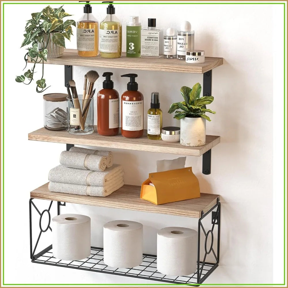 Over Toilet Shelves With Storage Basket Floating Wall Natural Wood