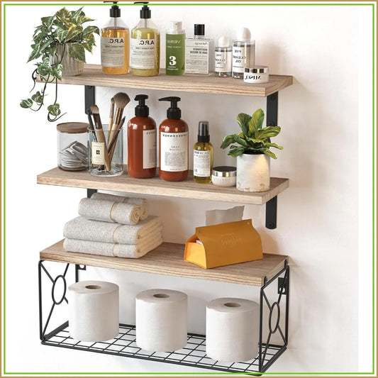 Over Toilet Shelves With Storage Basket Floating Wall Natural Wood