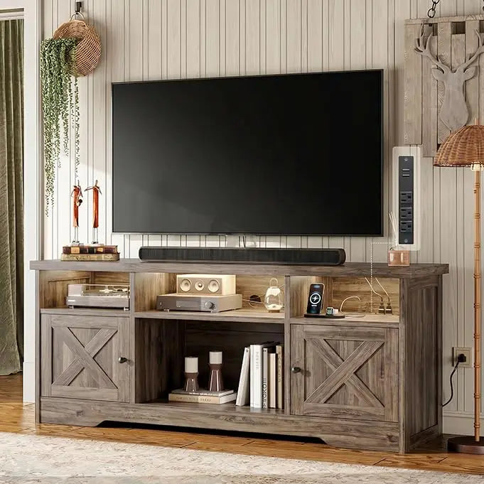 Farmhouse TV Stand with Power Outlet LED Light Storage Cabinets for Living Room Bedroom White, Customized