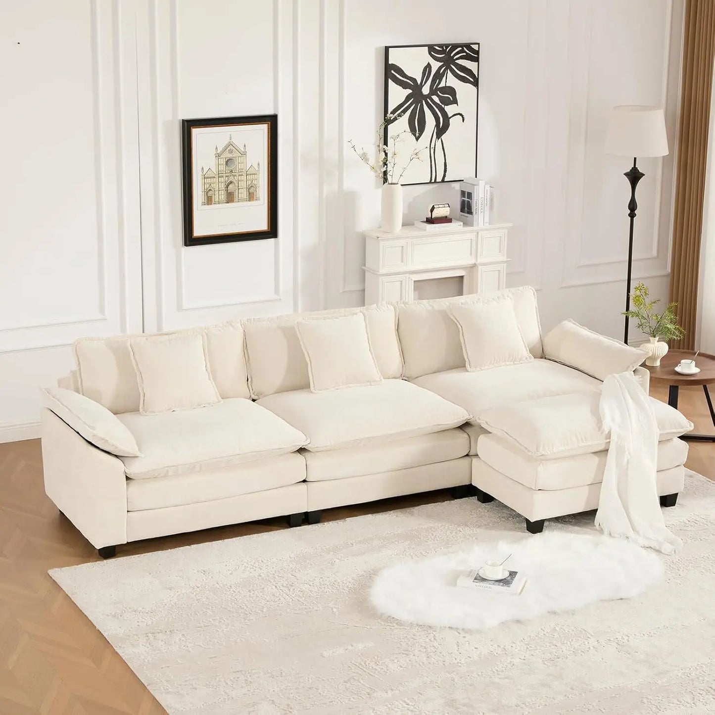 111.5" Blue Modular Sectional Sofa Chenille Deep Seat L-Shape Oversized Living Room Set With Ottoman, Customized
