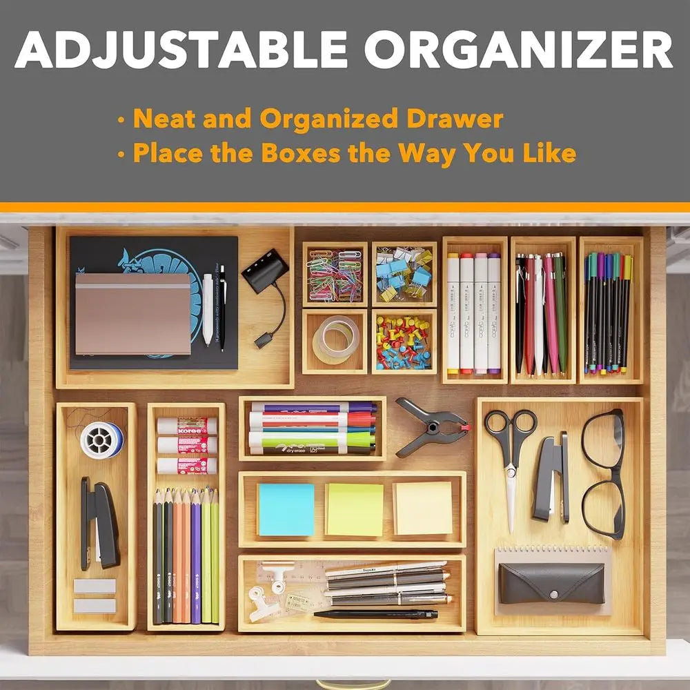 14-Piece Bamboo Drawer Organizer Storage Boxes Set, Multi-Use Divider Bins for Kitchen, Bathroom, Office Desk, Makeup Organizati