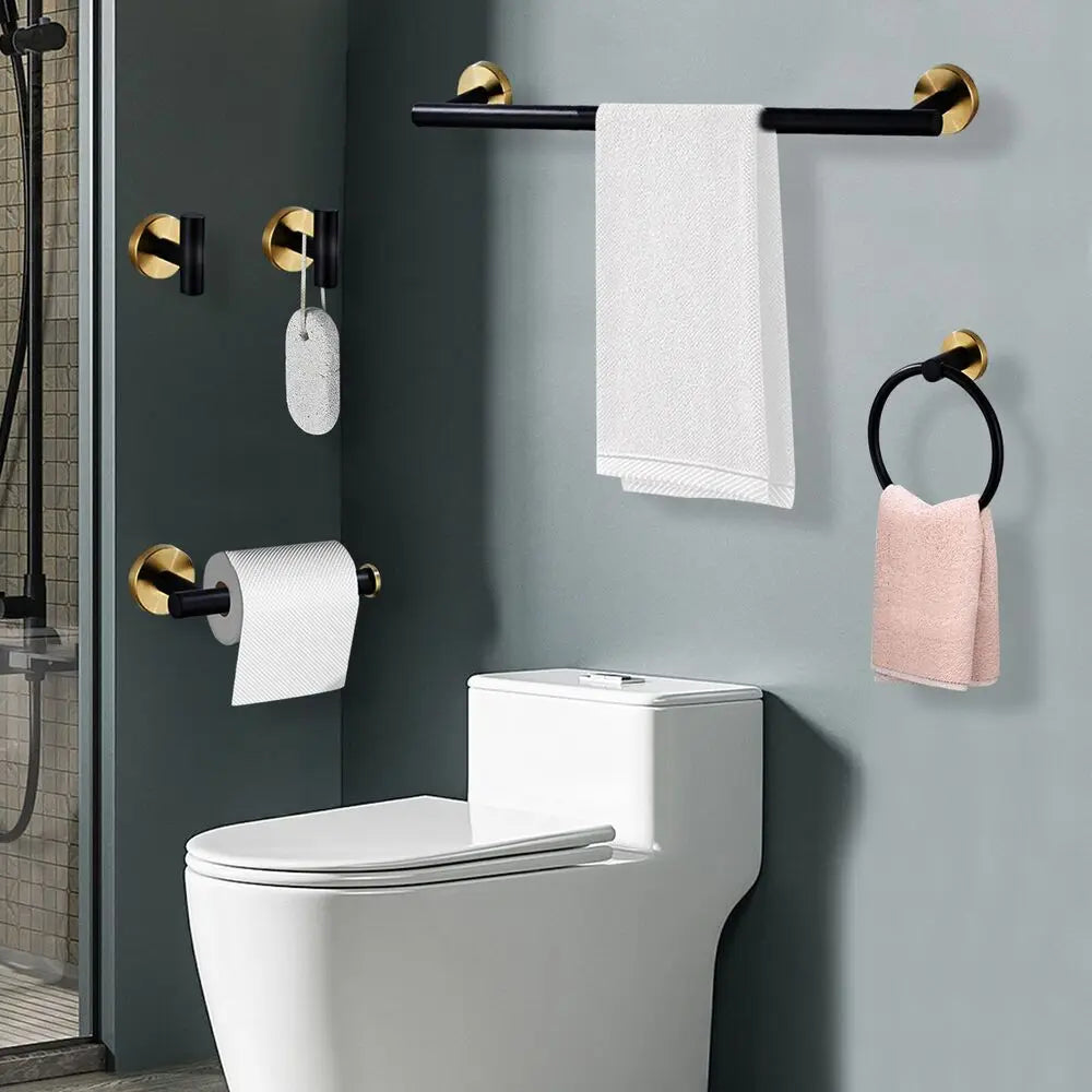 Black Gold Bathroom Hardware Set Accessories Wall Mounted Stainless Steel Towel Bar Towel Ring Toilet Paper Holder Hook Bathroom The Pet & Home Store