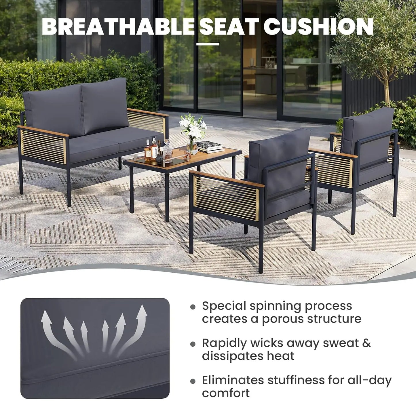 Bamboo Outdoor Patio Furniture Set For Four With Cushions Table
