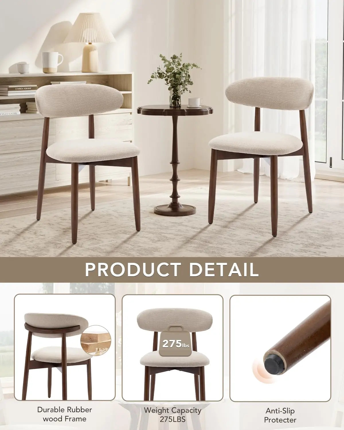 Upholstered Dining Chairs Set of 4 Modern Fabric Solid Wood Legs Kitchen Room Beige Custom