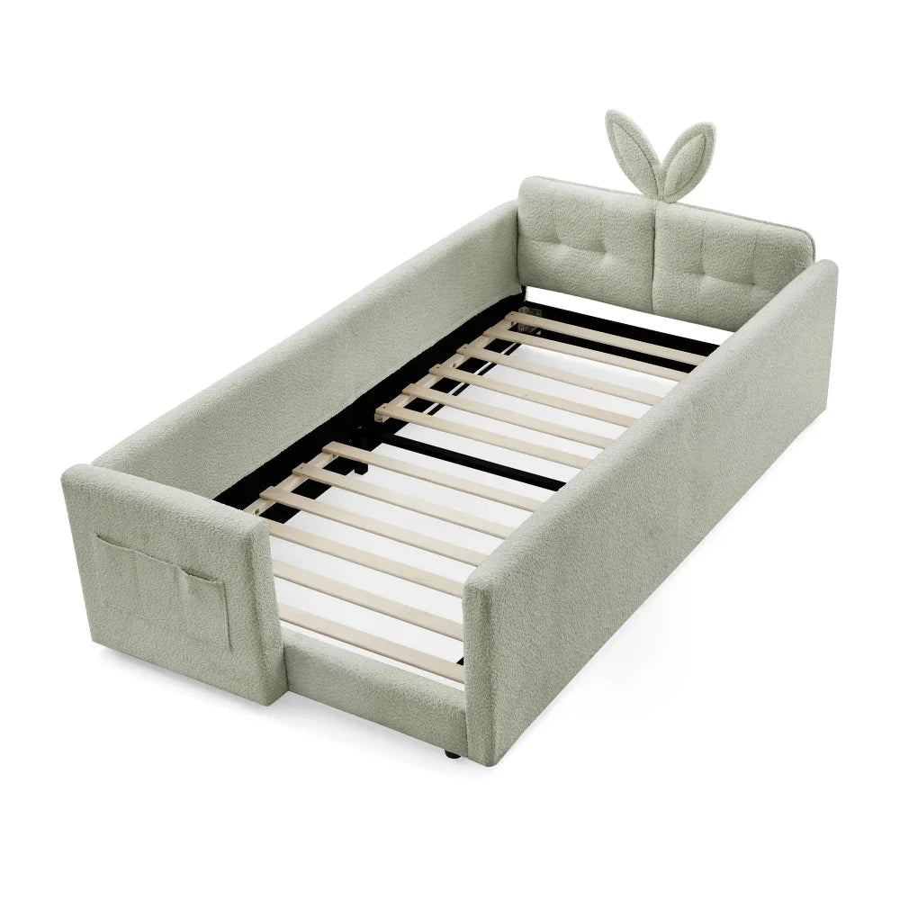 Twin Size Upholstered Platform Bed with Cute Rabbit Ear Shaped Headboard, with Safety Rail and Pocket, Boucle Fabric, Beige The Pet & Home Store