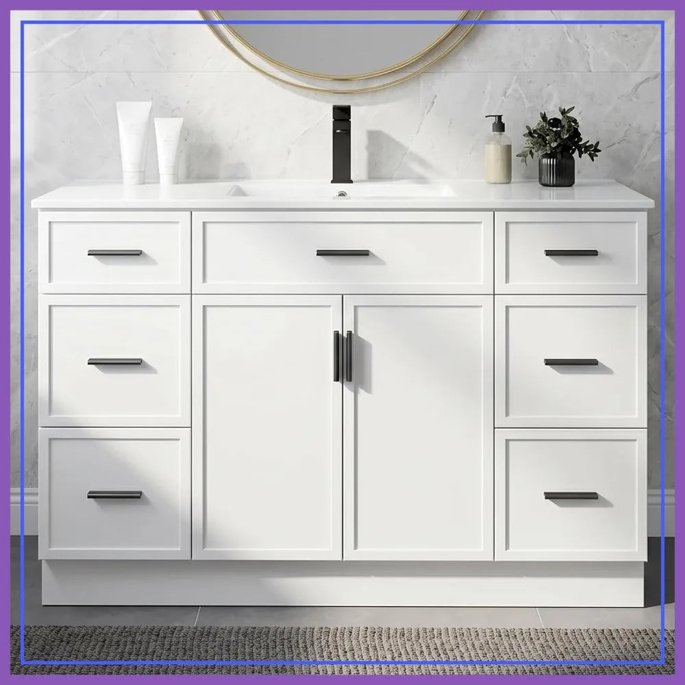 48" Bathroom Vanity with Sink, Farmhouse Cabinet, 2 Soft Close Doors & 6 Drawers, White