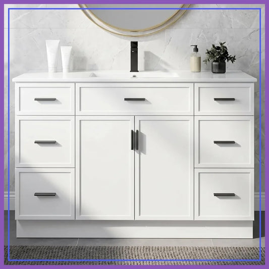 48" Bathroom Vanity with Sink, Farmhouse Cabinet, 2 Soft Close Doors & 6 Drawers, White