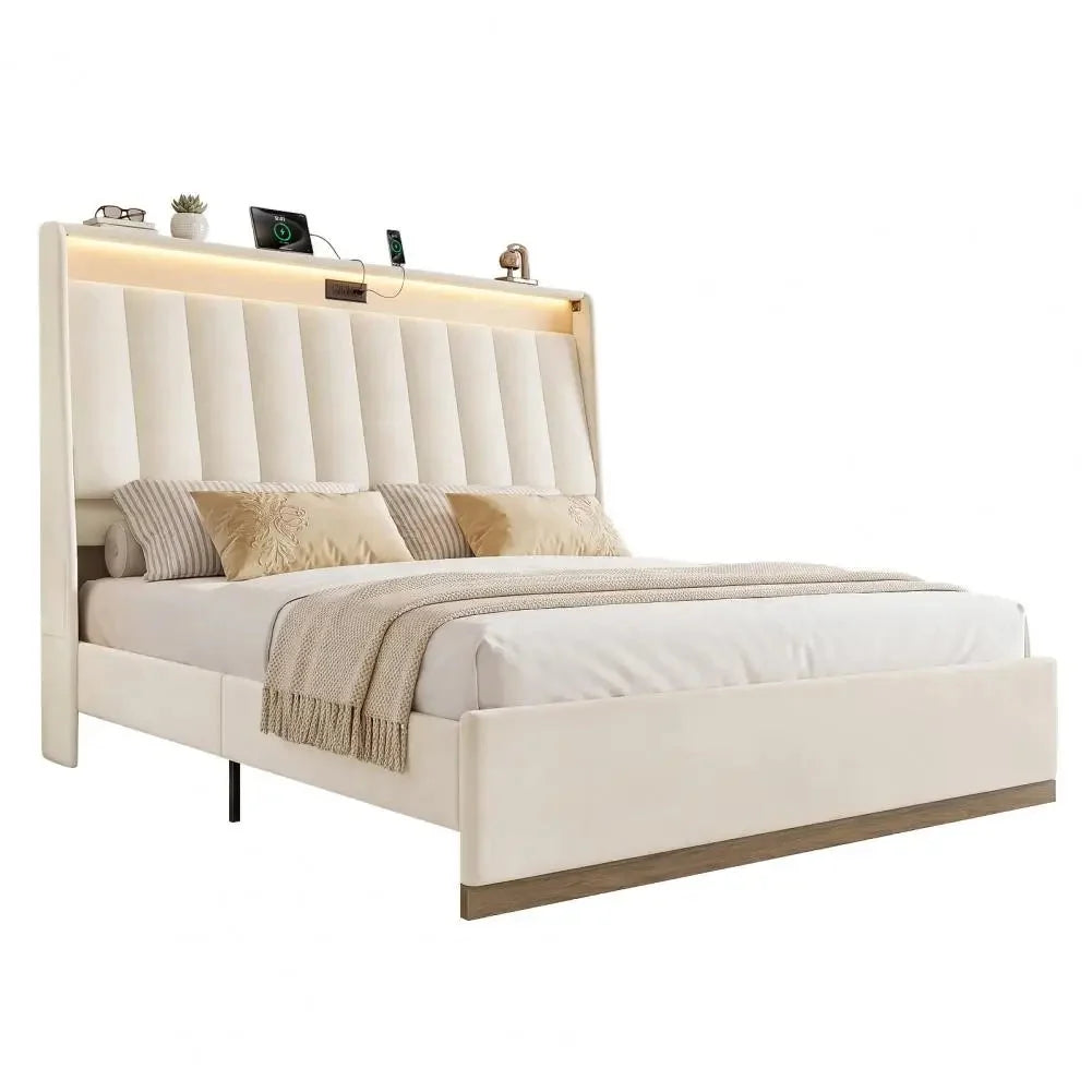 Platform Bedstead, King Size Bed Frame, Upholstered Bed Frame with RGB LED Lighting Charging Station The Pet & Home Store