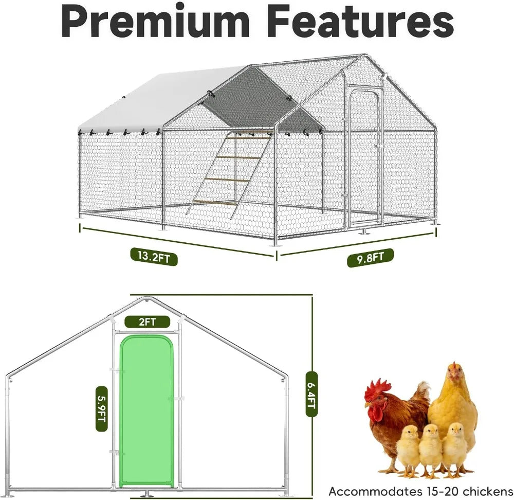 Large Metal Chicken Coop 9.8'x13.2'x6.4' Walk-in Run Outdoor Cage Rabbit Duck Hen House Spire Roof