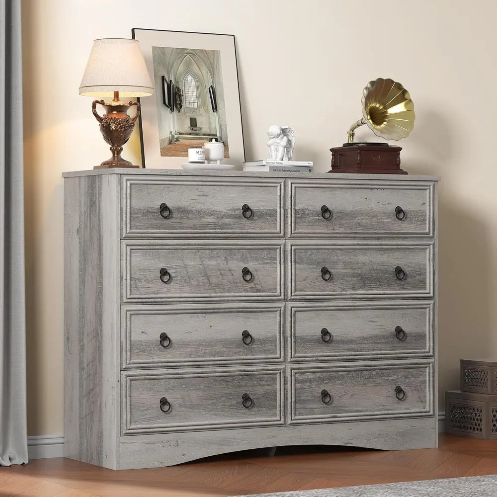 Grey 8 Drawer Dresser for Bedroom, Wood Chest of Drawers, Large Storage, Vintage Design, 47.24Wx15.75Dx39.4H