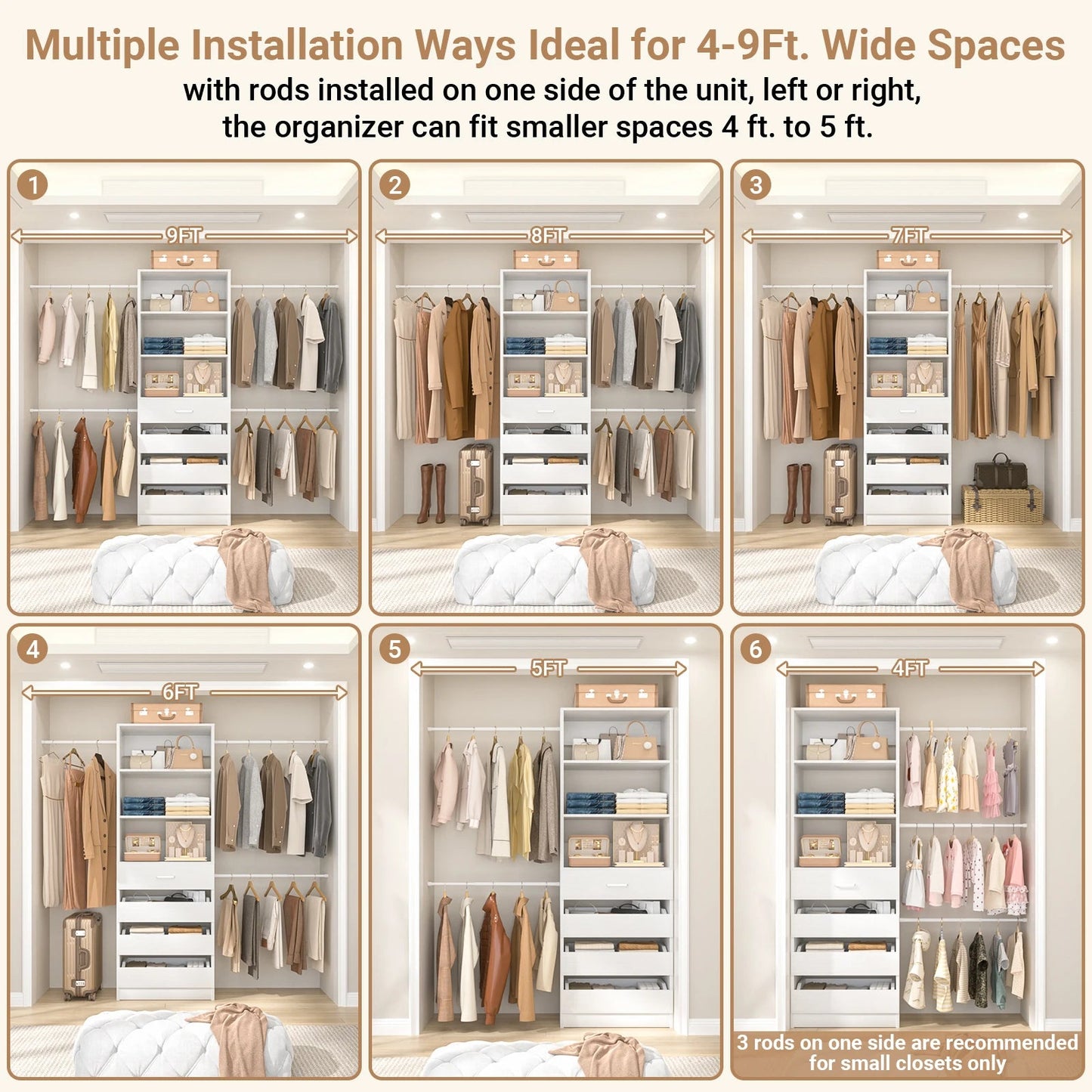 4-9Ft Closet System with 4 Wooden Drawers, Walk-in Closet Organizer Wardrobe Clothes Rack with 4 Hanging Rods, Garment Rack The Pet & Home Store