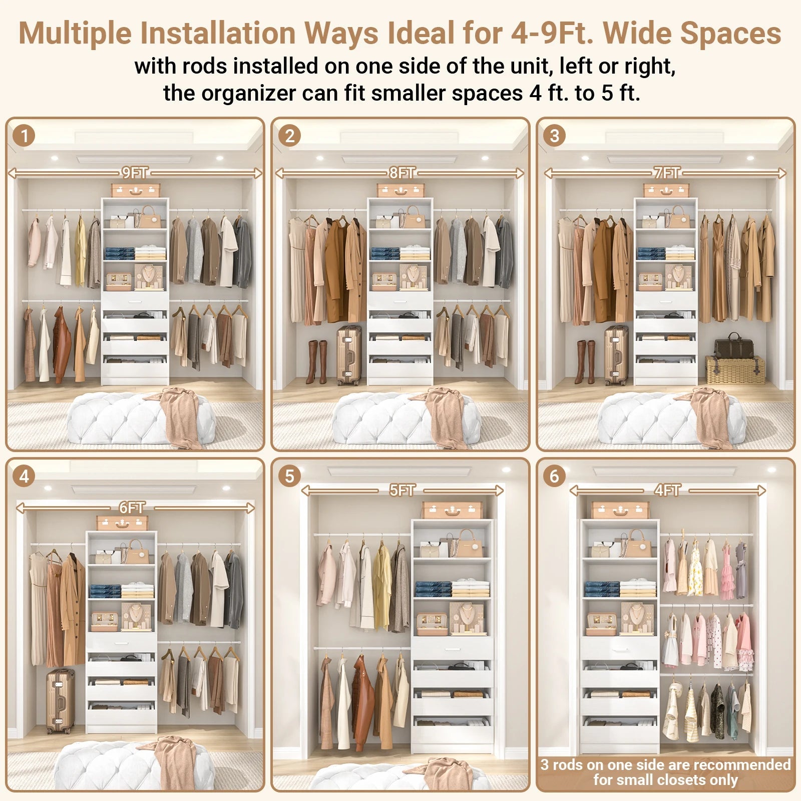 4-9Ft Closet System with 4 Wooden Drawers, Walk-in Closet Organizer Wardrobe Clothes Rack with 4 Hanging Rods, Garment Rack The Pet & Home Store