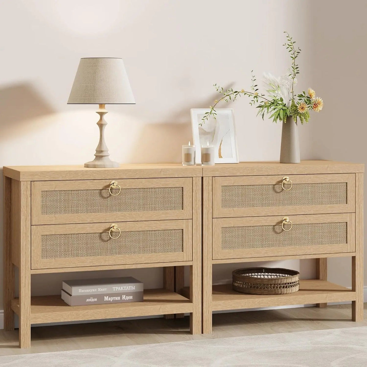 Large White Rattan Nightstands Set of 2, Boho Style with Drawers & Storage Shelf Bedroom Bedside End Table, Custom The Pet & Home Store