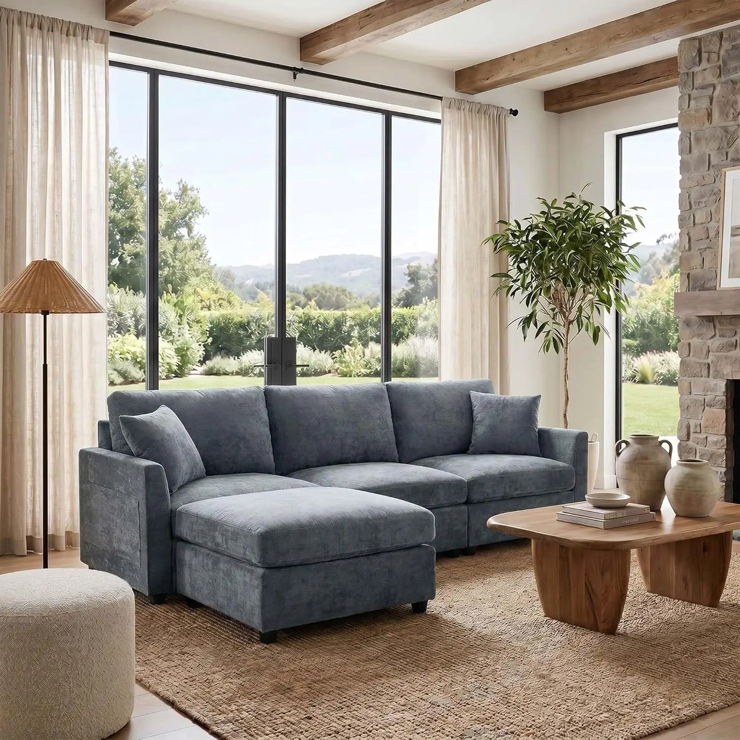 Sectional Couch for Living Room, Comfy L Shaped Convertible Sofa, 4 Seater Modern Chenille Sofa with Ottoman, Grey, Customized