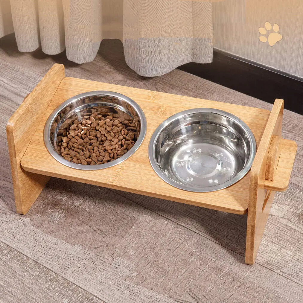 Adjustable Wooden Cat Stand With Dual Stainless Steel Bowls The Pet & Home Store