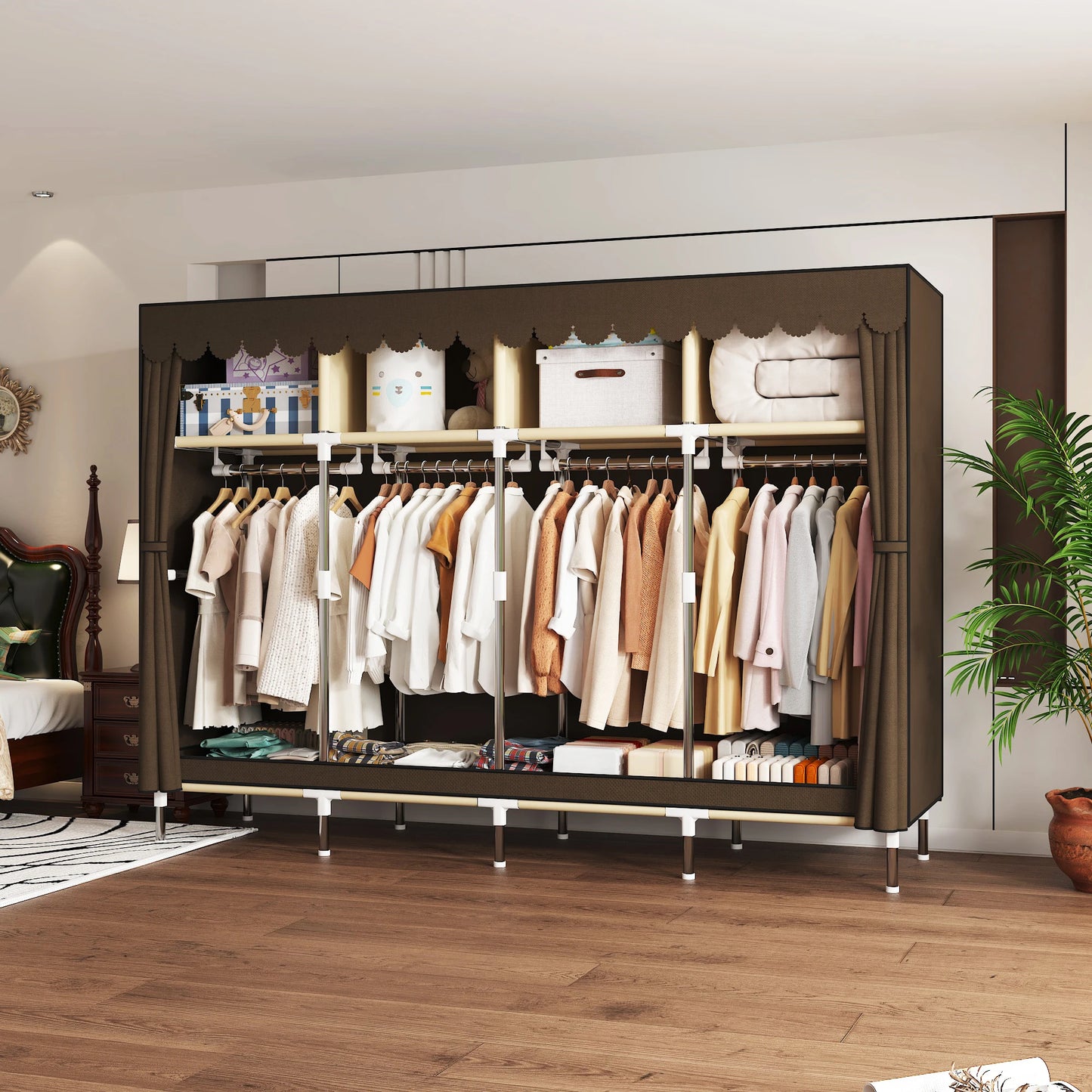 ArluKin Heavy Duty Fabric Wardrobe With 4 Hanging Rods