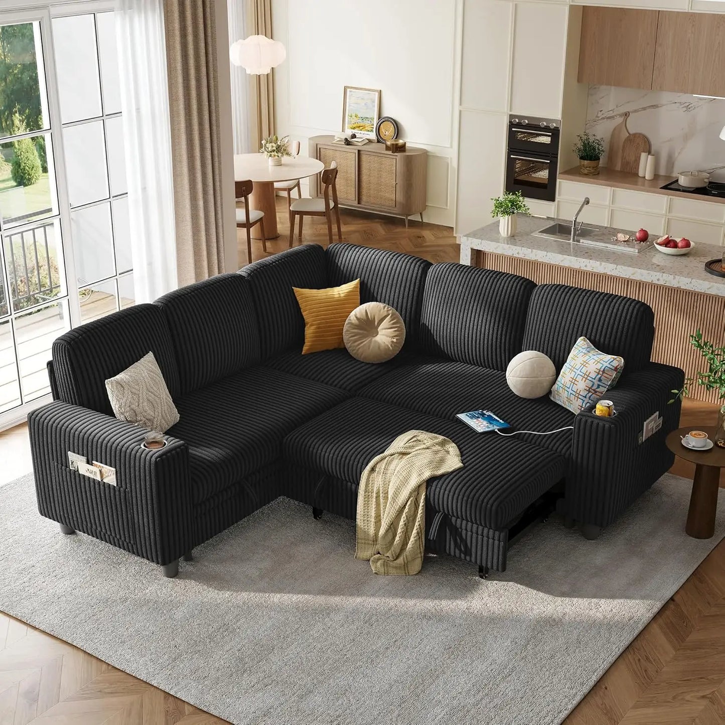 Convertible Sleeper Sectional Sofa With Storage Chaise USB Pullout