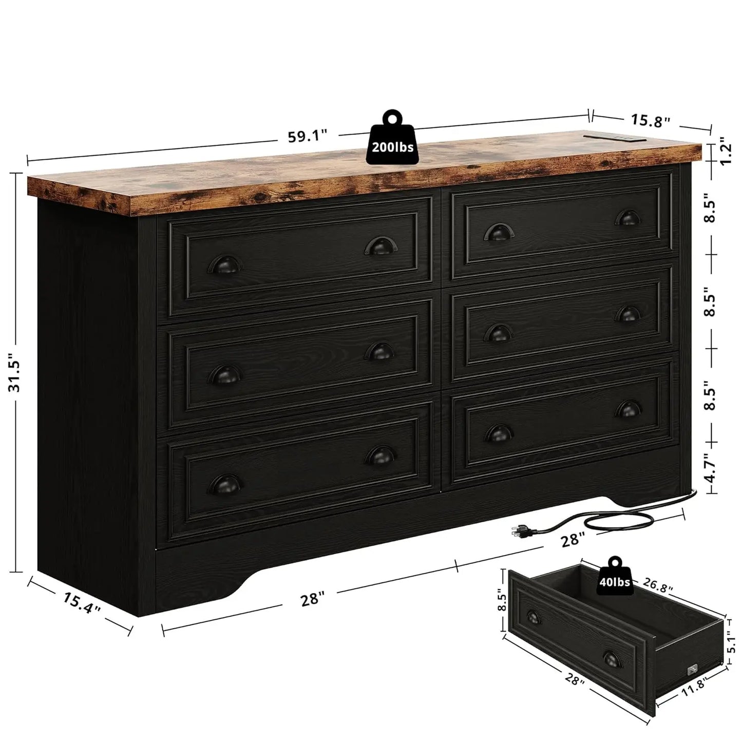 6-Drawer Farmhouse Wood Dresser With Power Strip Storage