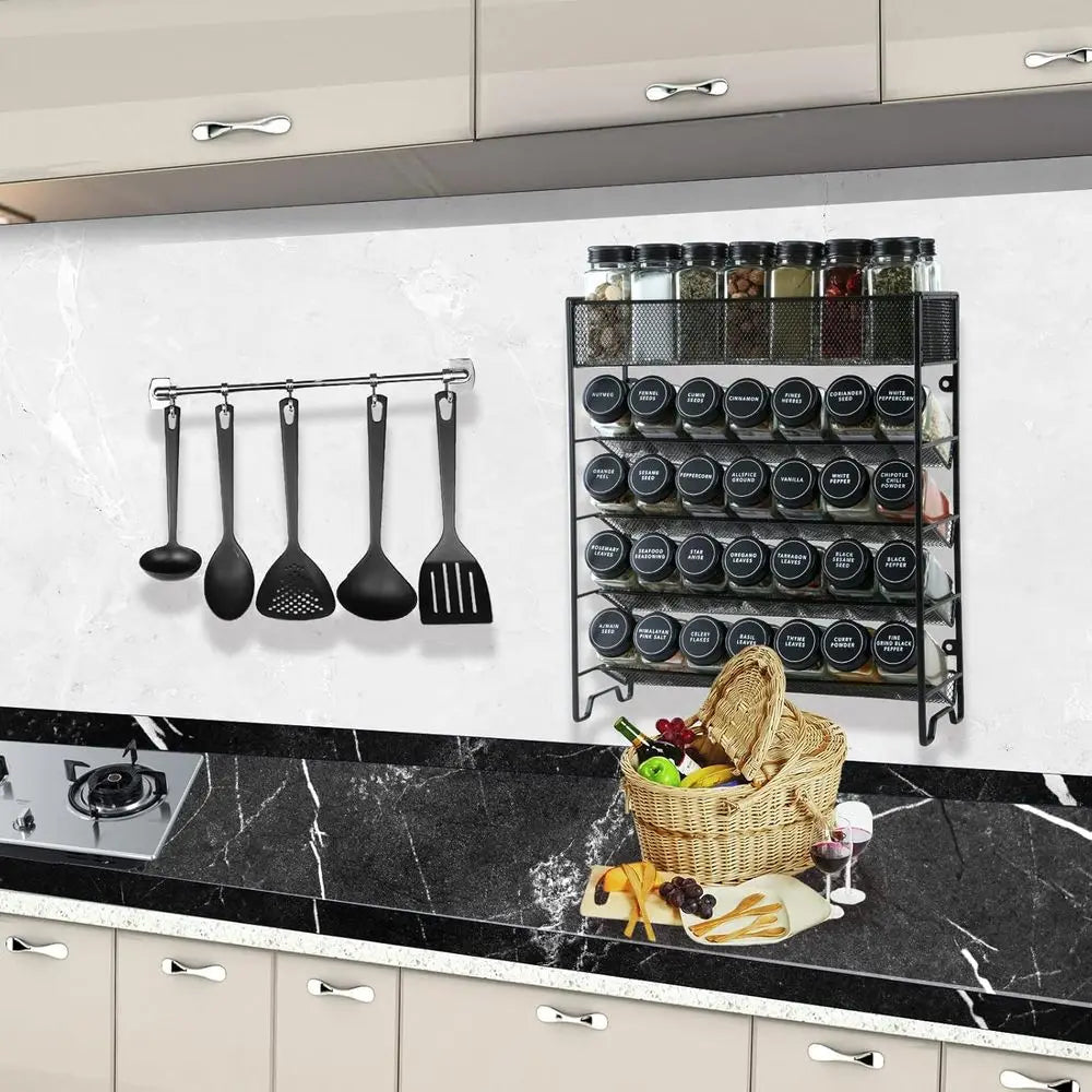 Spice Rack Organizer with 28 Spice Jars, Black Lids, Spice Labels, Chalk Pen, and Tunnel Set for Cabinet, Countertop, Pantry, Cu