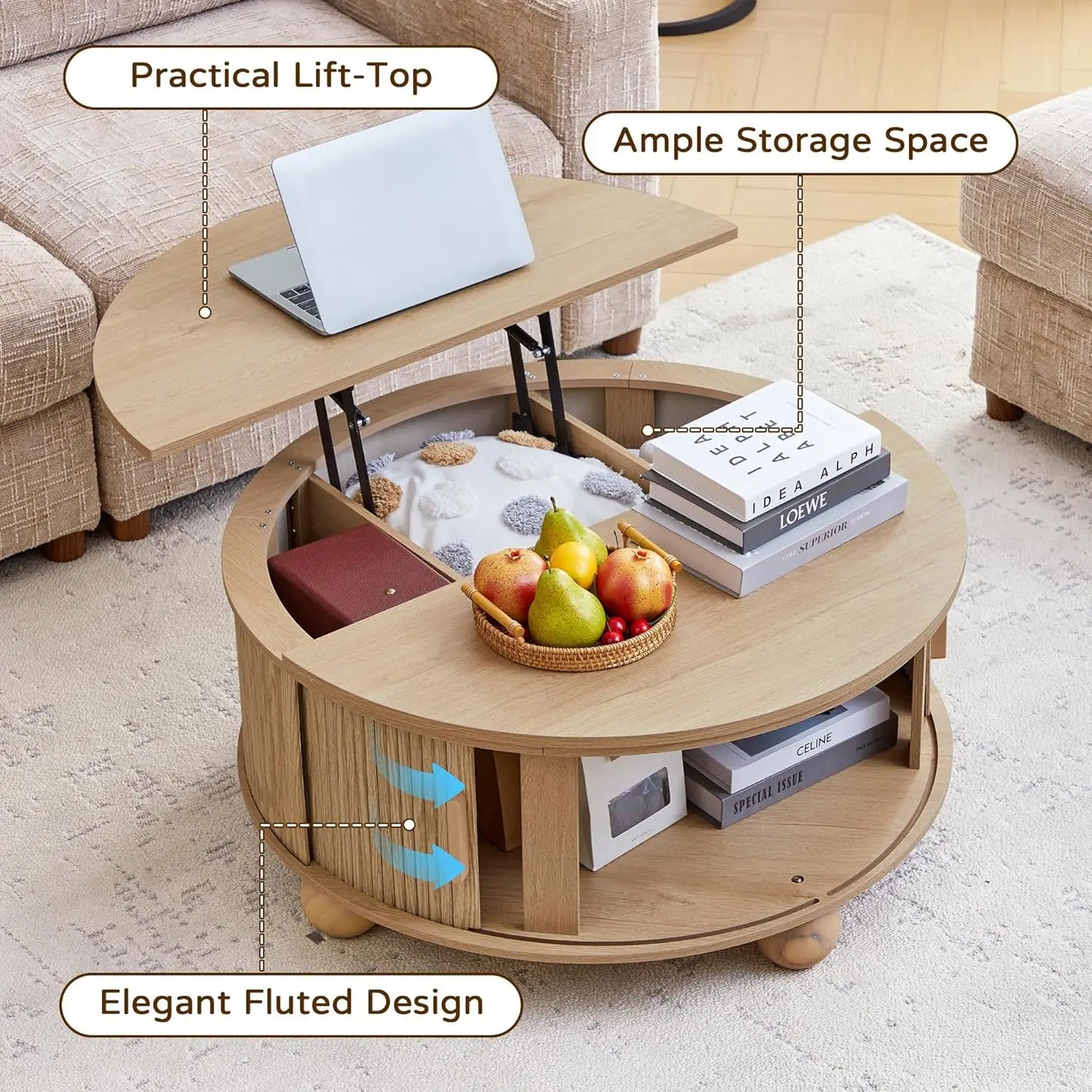 33.5" Lift-Top Coffee & 24" End Table Set 3-Piece Storage Living Room Furniture Natural Customized