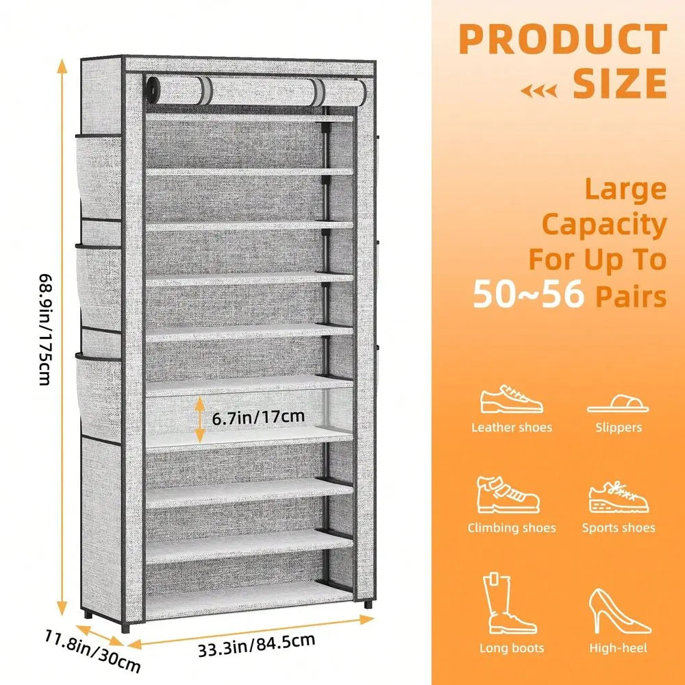 Tomnk Shoe Cabinet, 10 Tier Large Capacity 50-56Pairs Beautiful Tall Shoe Shelf Free Standing Storage Cabinet Entryway Closet,