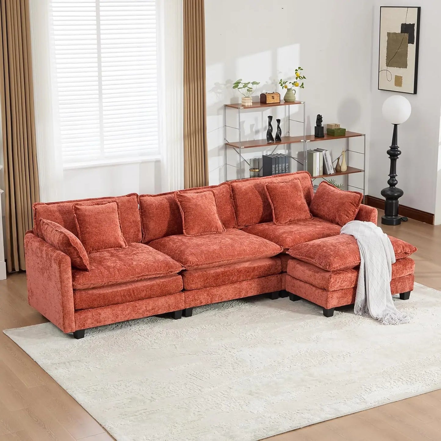 111.5" Blue Modular Sectional Sofa Chenille Deep Seat L-Shape Oversized Living Room Set With Ottoman, Customized