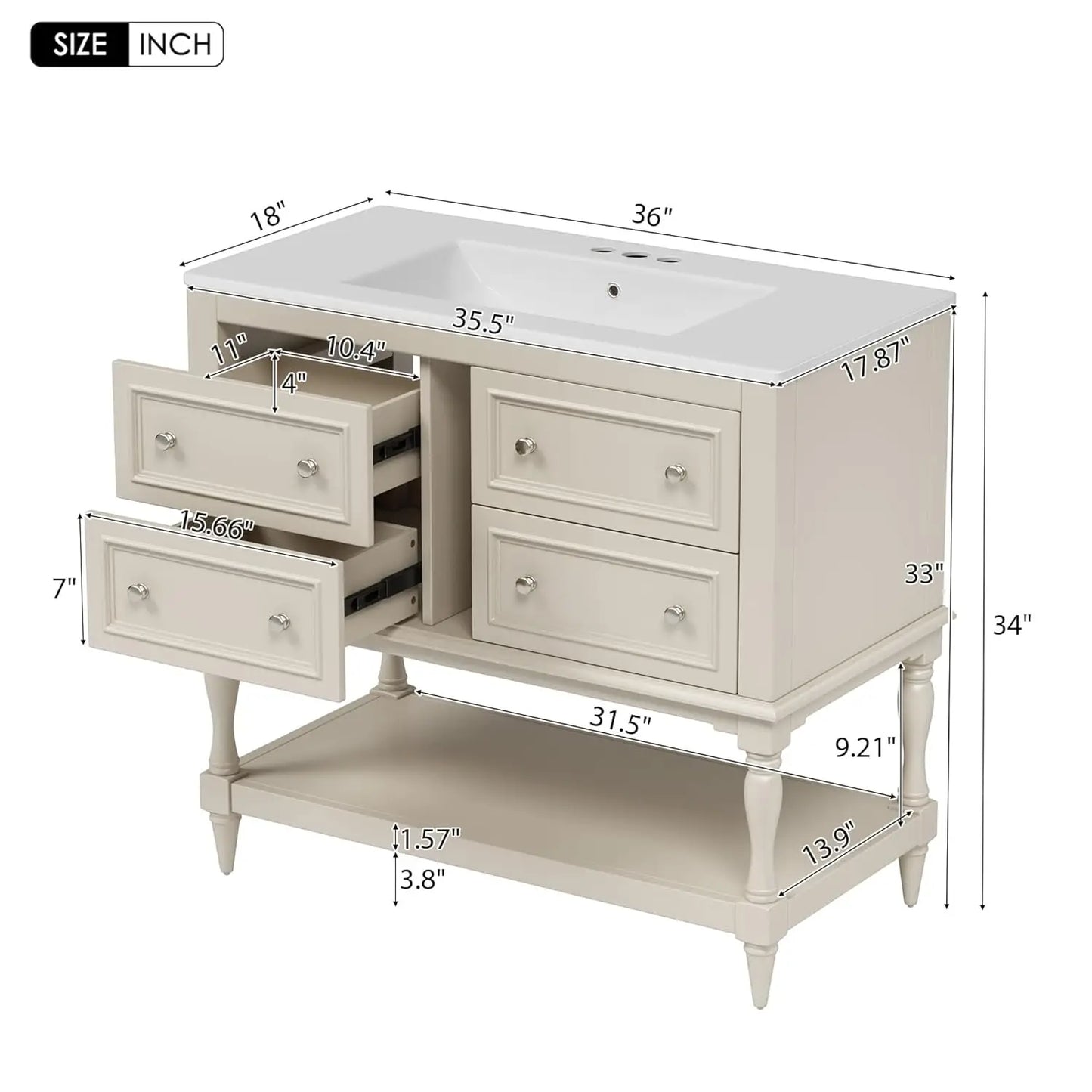 36" Bathroom Vanity with Sink Farmhouse Storage Cabinet 4 Drawers Open Shelf Solid Wood Frame Bath Furniture Customized