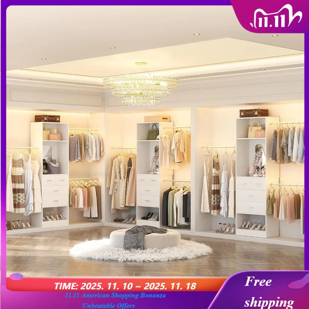 96 Inch Wide Closet Organizer System 8FT Walk-In Starter Kit with 25 Inch Tower And 3 Extendable Hanging for Home Customized