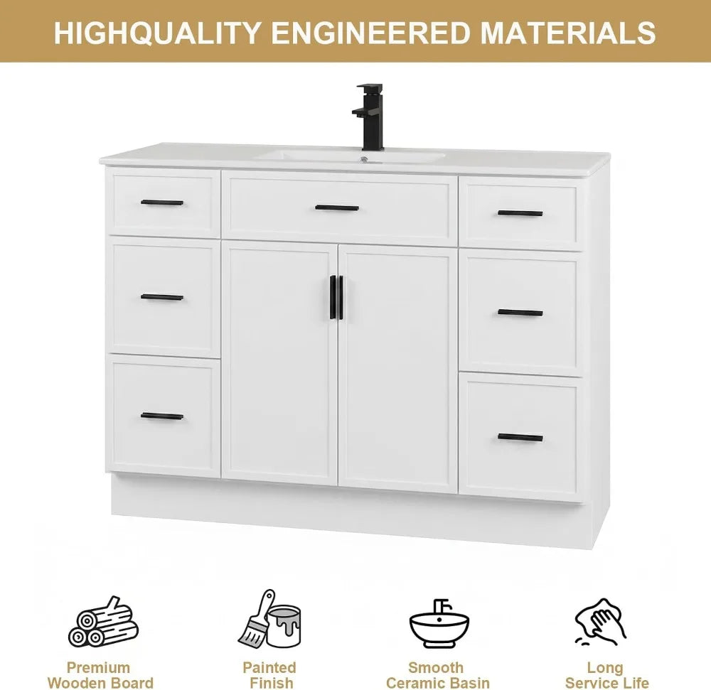 48" Bathroom Vanity with Sink, Farmhouse Cabinet, 2 Soft Close Doors & 6 Drawers, White