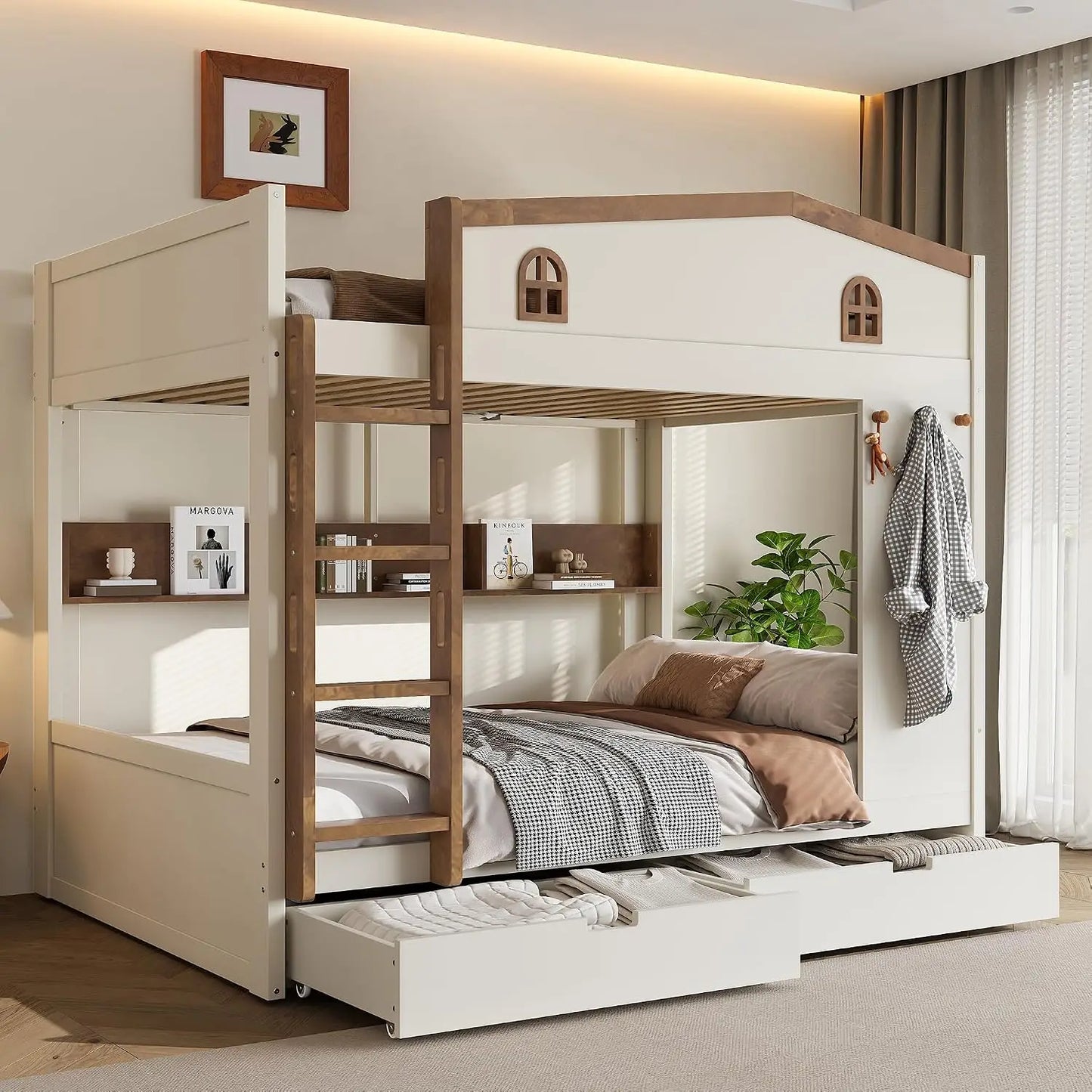 Full Over Full Multifunctional Bunk Bed with Desk and Bookshelves, Drawers, Space-Saving Wooden Bunk Bed for Kids &, Customized