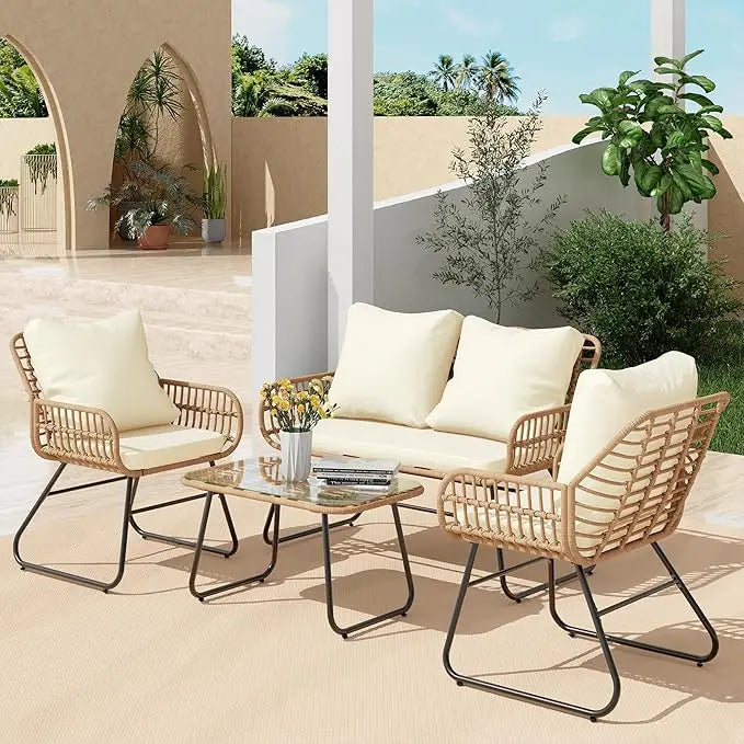 4-Piece Wicker Outdoor Patio Furniture Set with Cushions & Tempered Glass Table The Pet & Home Store