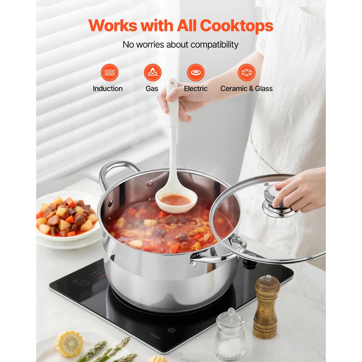 SucceBuy 8/12/16 Qt Stainless Steel Stock Pot with Glass Lid PFOA-Free Compatible with Gas Stoves Induction Cooktops for Soups