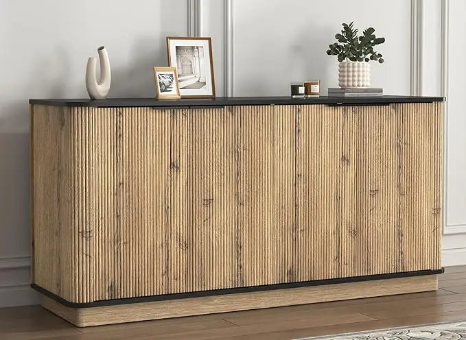 Fluted Wooden Sideboard Buffet Cabinet With Adjustable Shelves