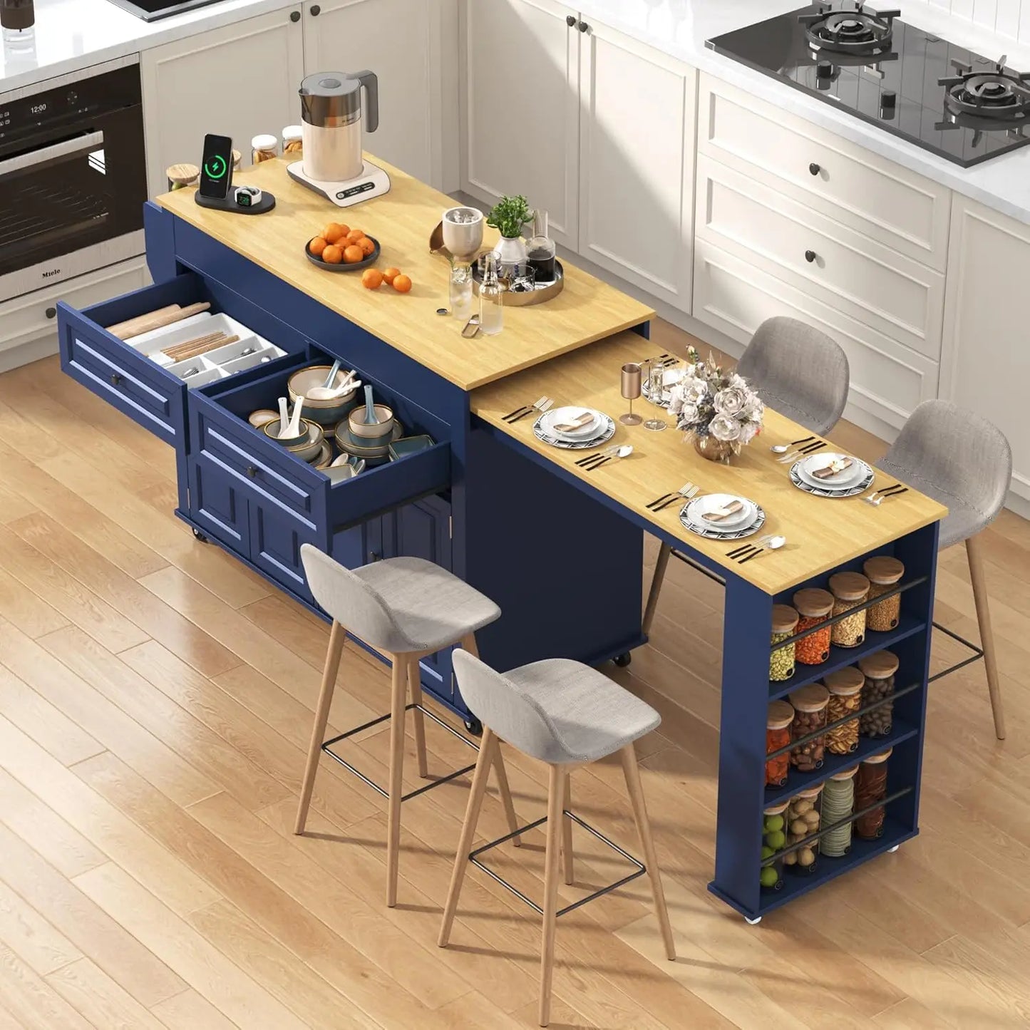 Extendable Kitchen Island With Power Outlet And Storage