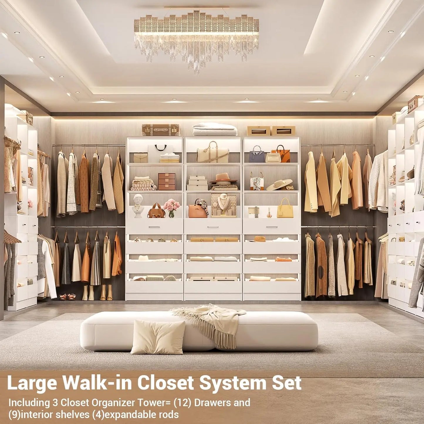 Wooden Closet Organizer System With 4 Rods And 12 Drawers