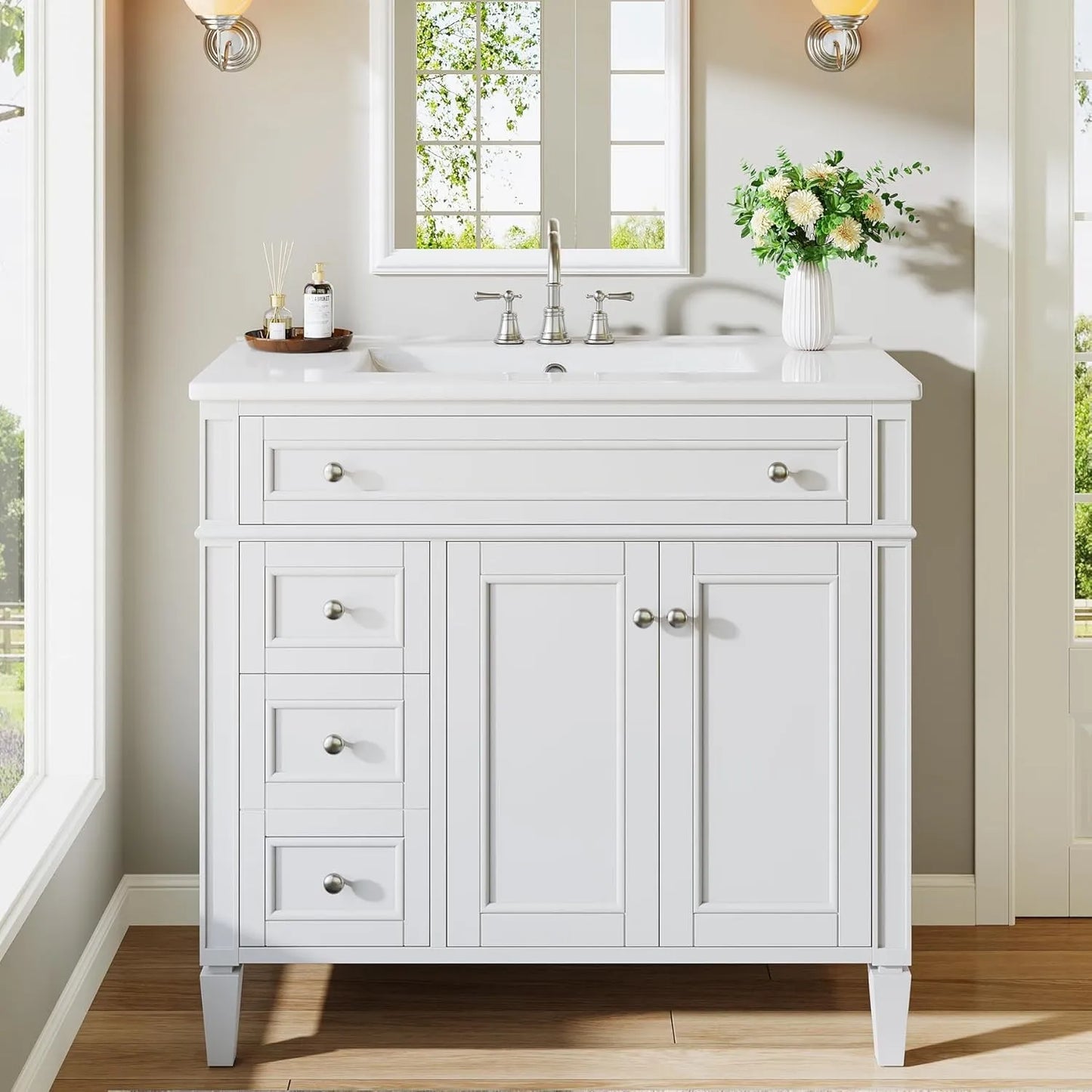 Bathroom Vanity With Sink Cabinet, 4 Drawers, 2 Doors