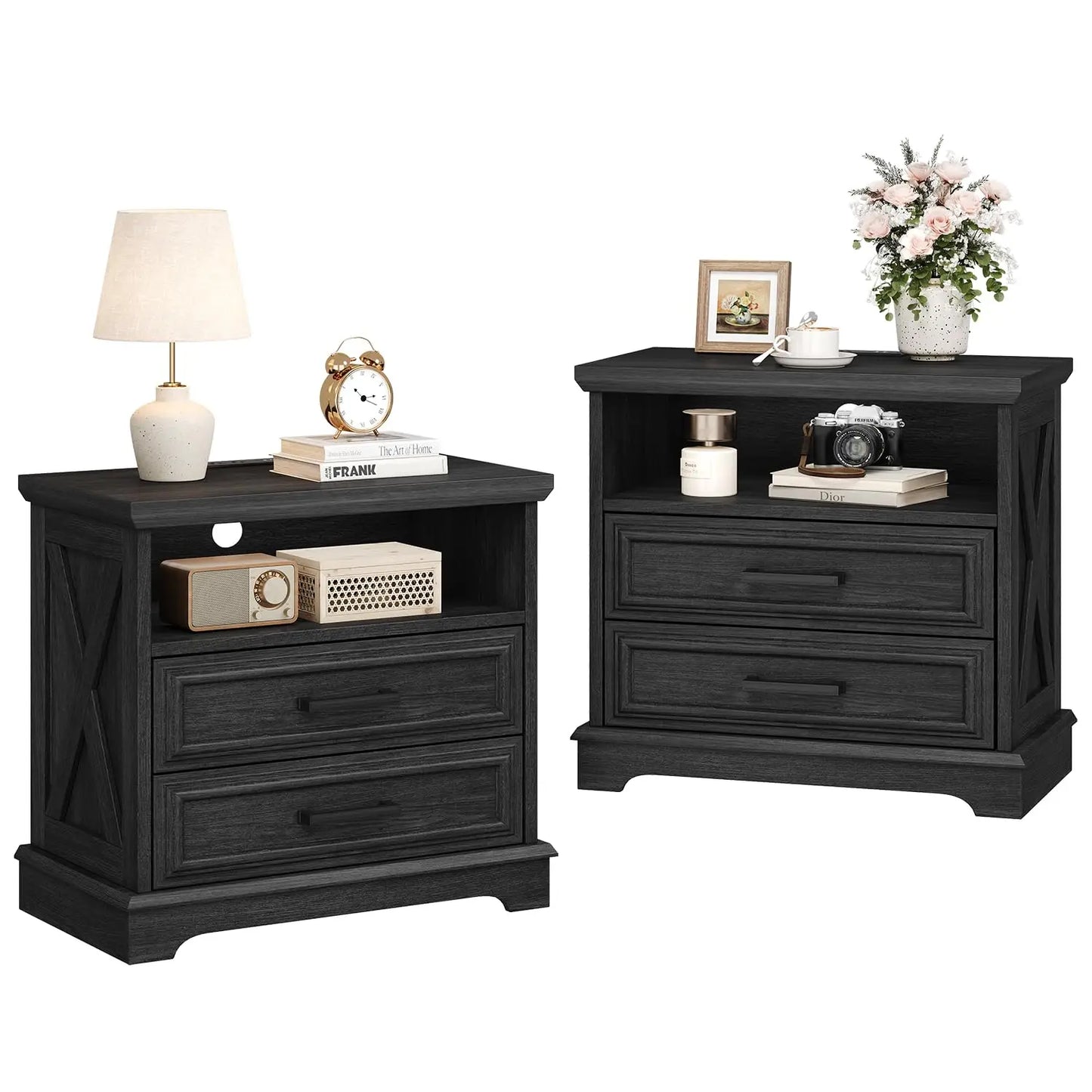 24 Inch Wide Farmhouse Nightstands Set of 2 with Charging Station, Dark Gray Nightstand with 2 Large Drawers,, Customized