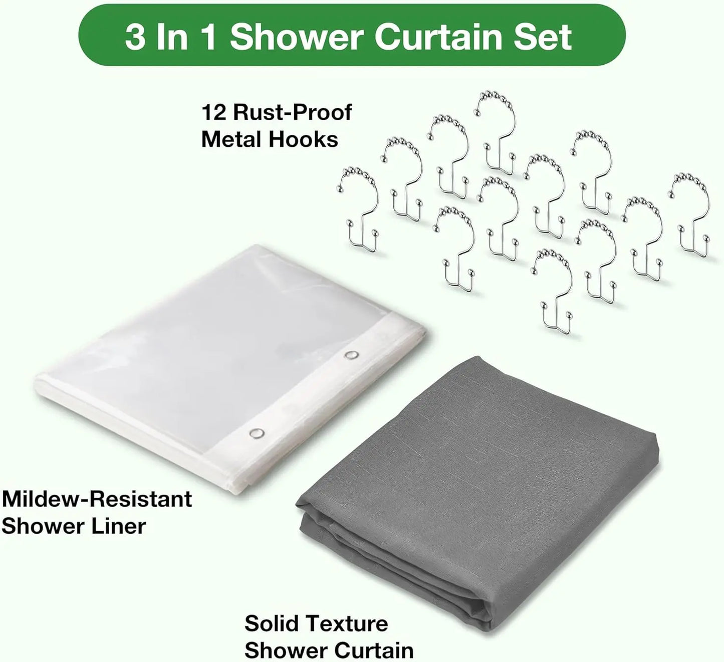 Grey Shower Curtain Set with Waterproof Liner and 12 Hooks, 72x72 Inches for Bathroom