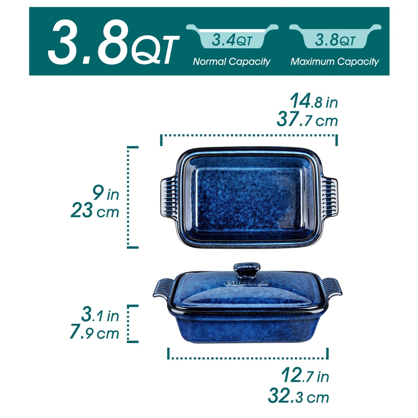 Vancasso Starry 3.8/1.9 Quart Blue Casserole Baking Dish Large Lasagna Pan with Lid Stoneware Casserole with Lid Microwave The Pet & Home Store