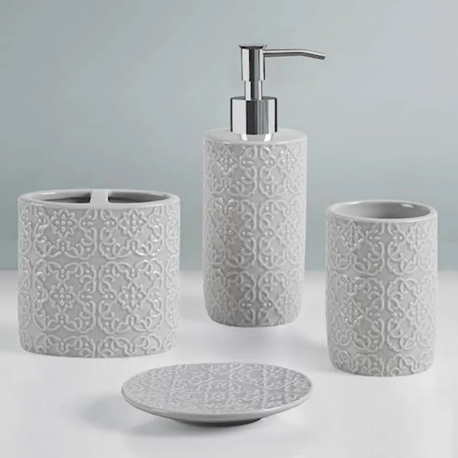 Ceramic Bathroom Accessories Set With Embossed Damask Medallion Dispenser