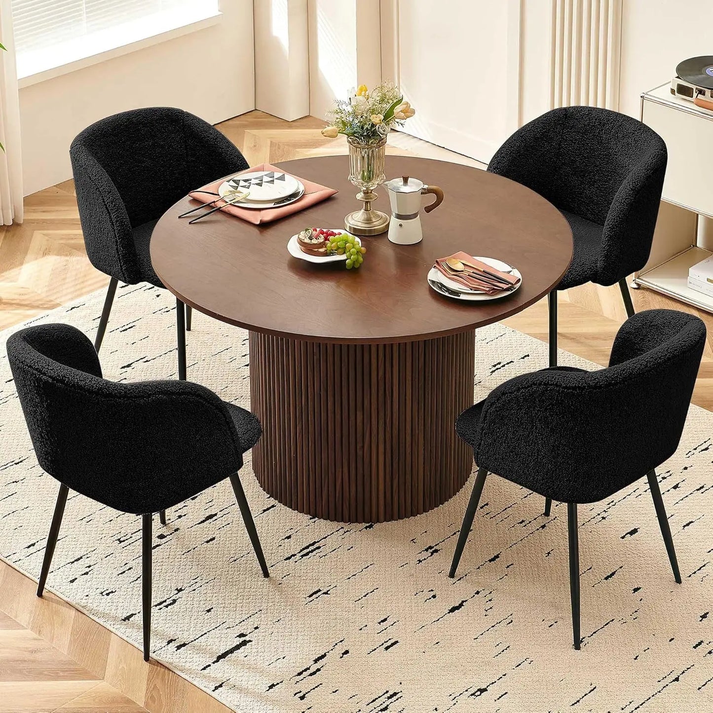 Rustic Walnut Round Dining Table Set For Four Sherpa Chairs