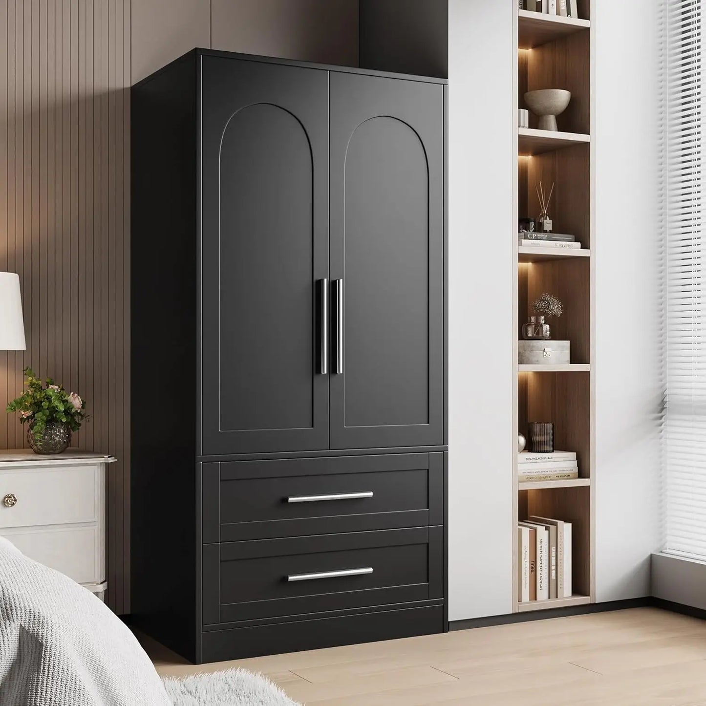 Frame Wooden Armoire Wardrobe Closet With Drawers And Hanging Rod