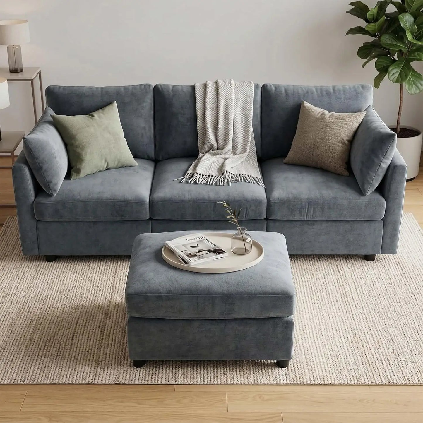 Sectional Couch for Living Room, Comfy L Shaped Convertible Sofa, 4 Seater Modern Chenille Sofa with Ottoman, Grey, Customized
